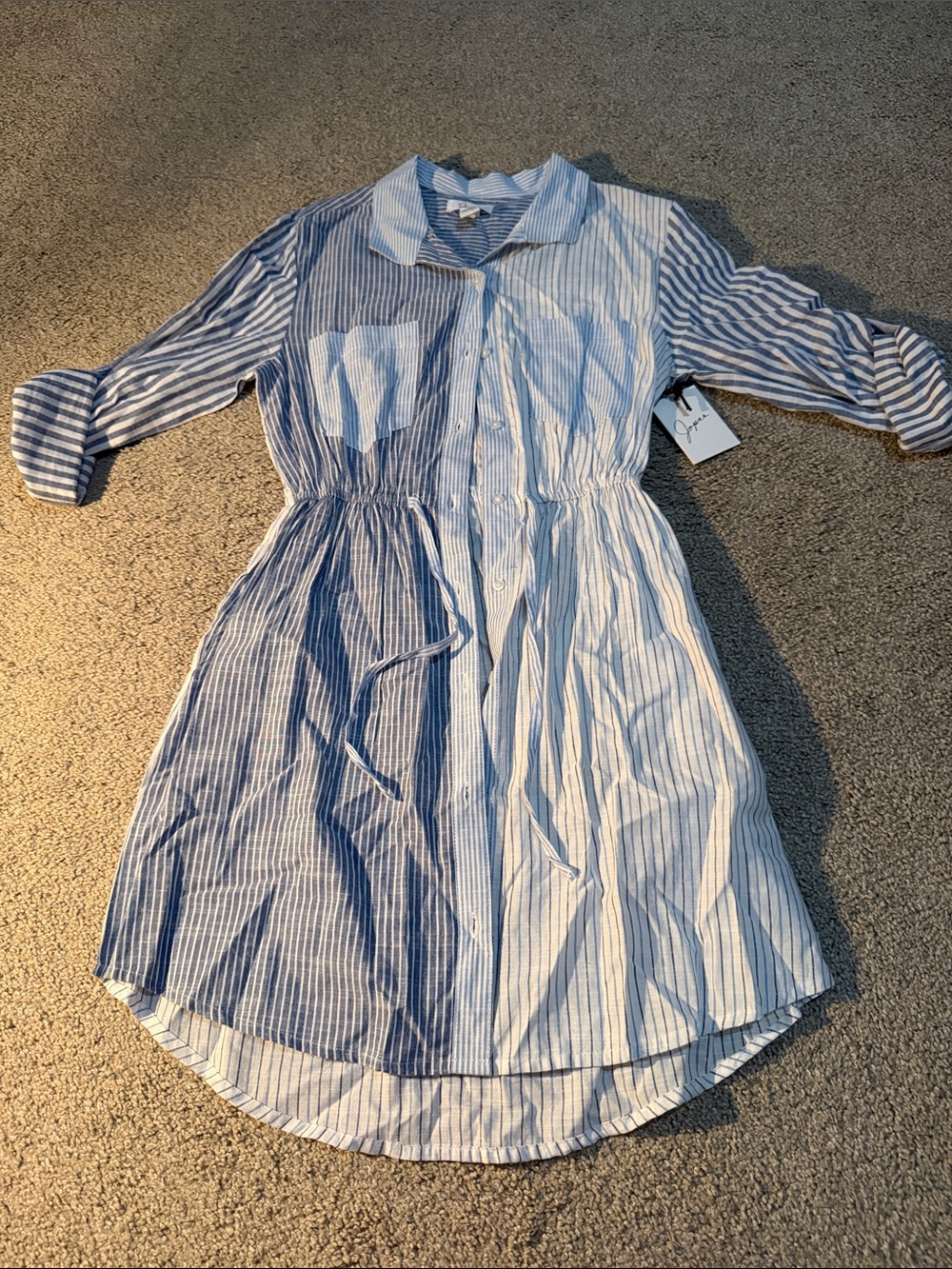 Japna Blue and White Striped Midi Shirt Dress
